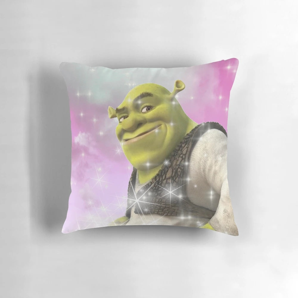 Soft, pink pillow with an illustrated Shrek character and sparkles
