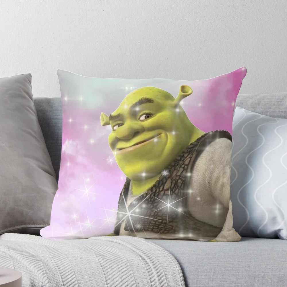 Soft, pink pillow with an illustrated Shrek character and sparkles