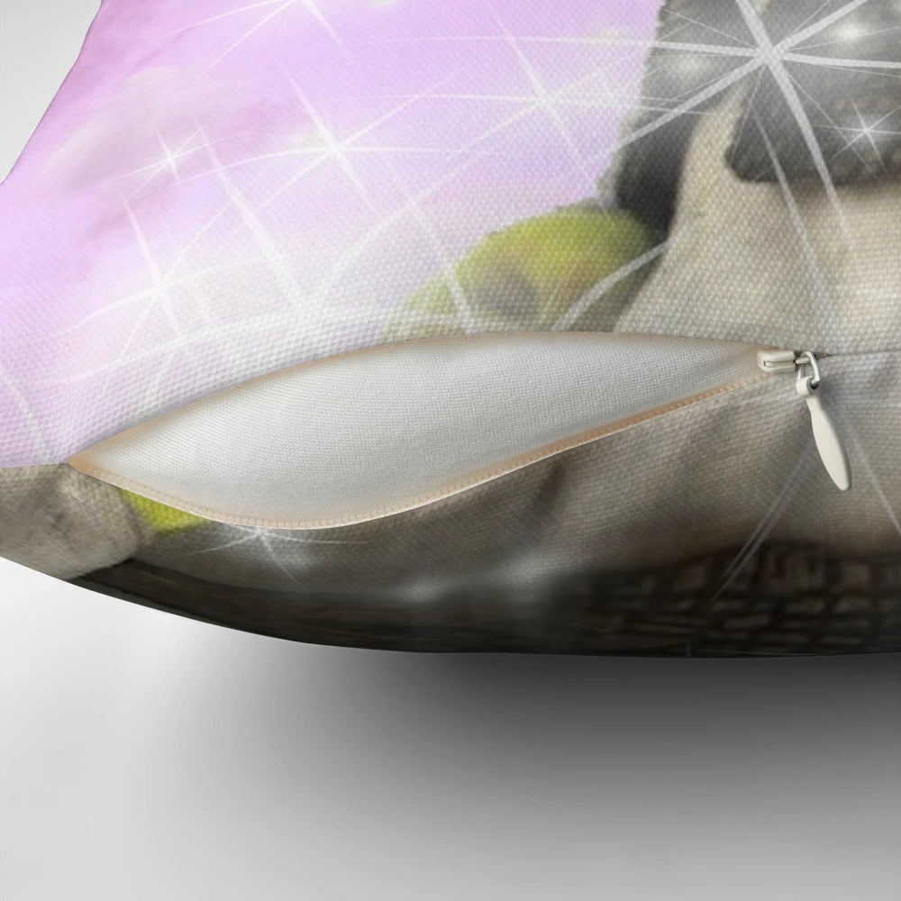 Soft, pink pillow with an illustrated Shrek character and sparkles