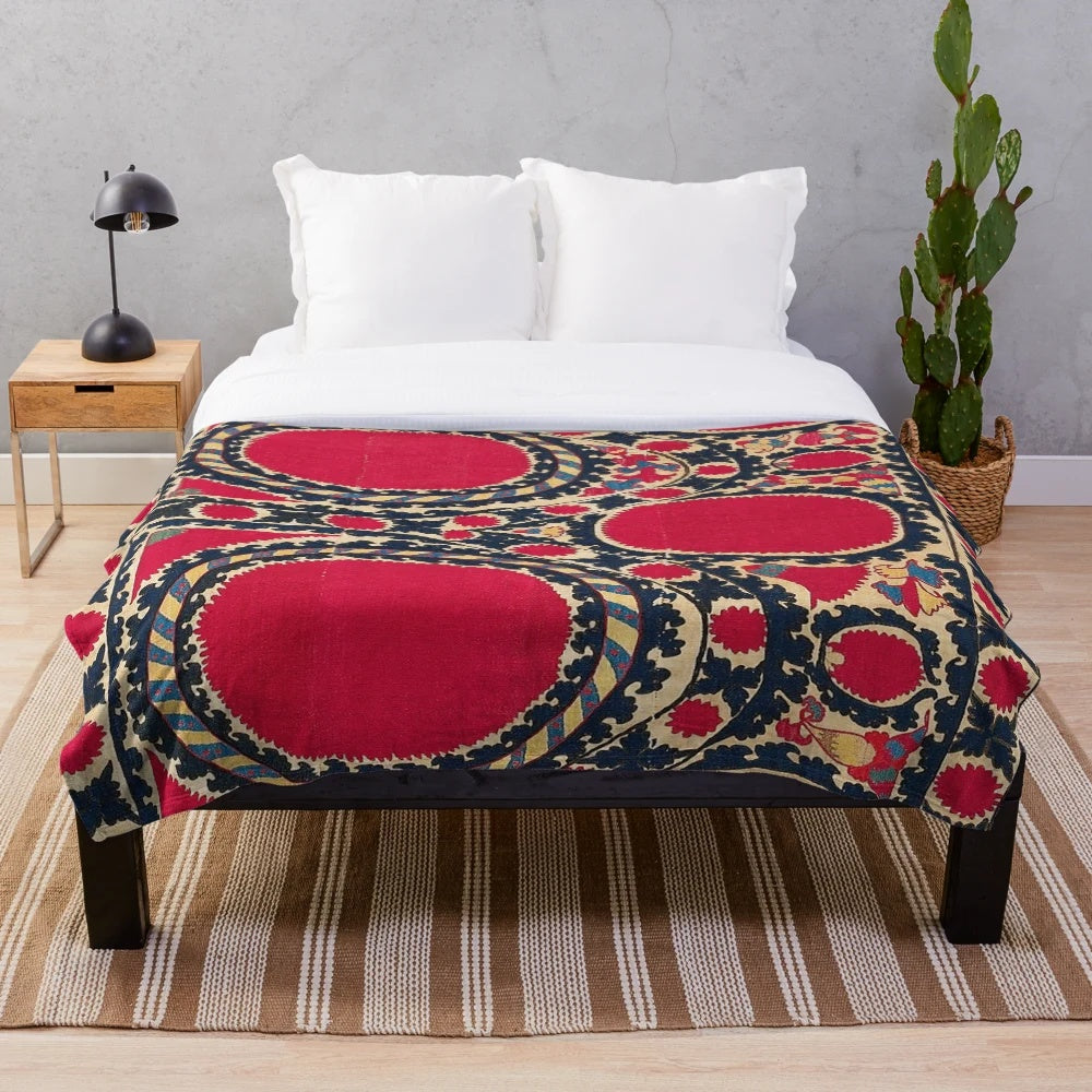 Plush suzani embroidered blanket in central asian inspired design