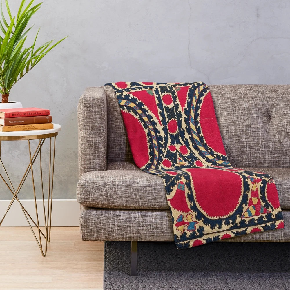 Plush suzani embroidered blanket in central asian inspired design