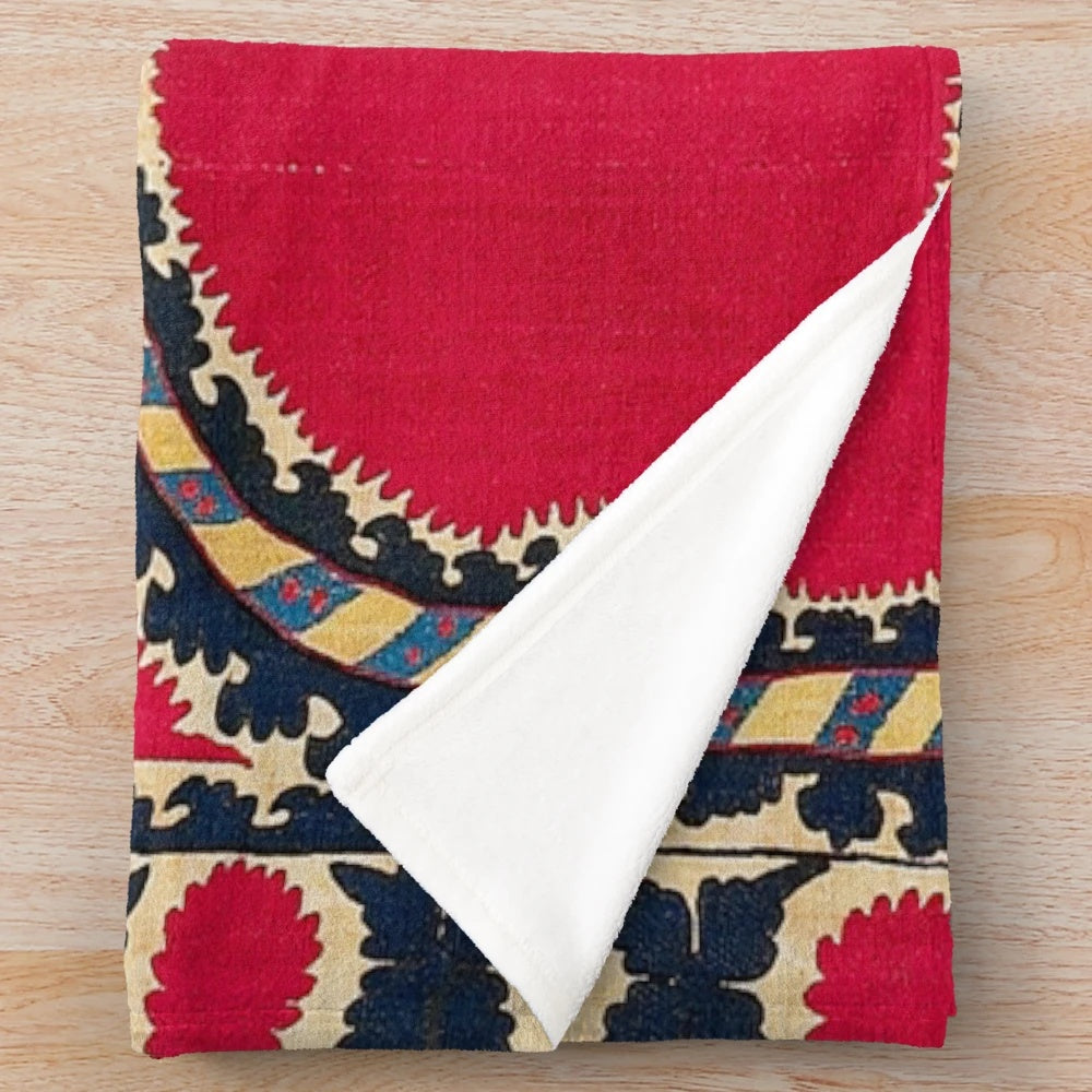 Plush suzani embroidered blanket in central asian inspired design