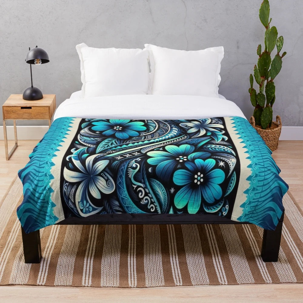Plush tidal wave blooms blanket with tropical polynesian floral design