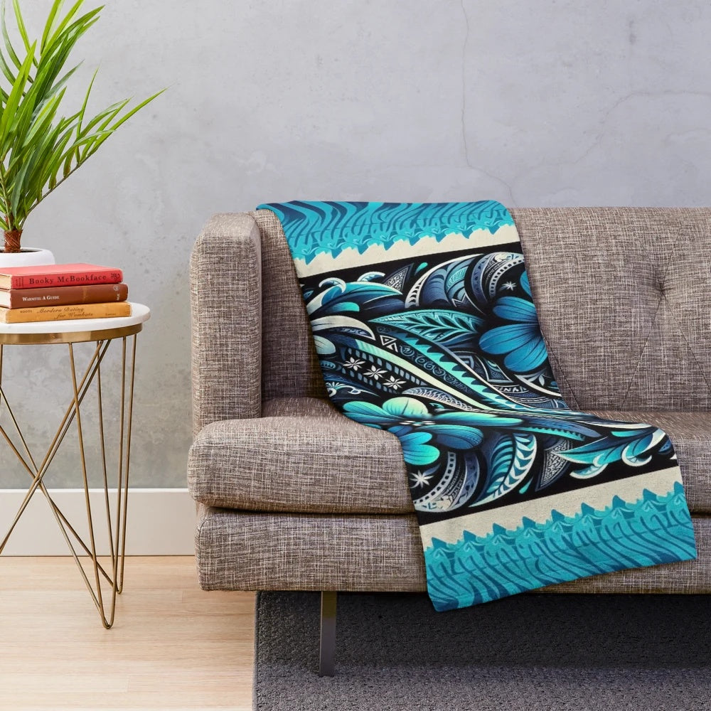 Plush tidal wave blooms blanket with tropical polynesian floral design