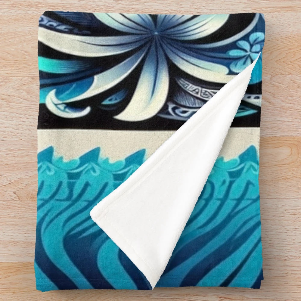 Plush tidal wave blooms blanket with tropical polynesian floral design
