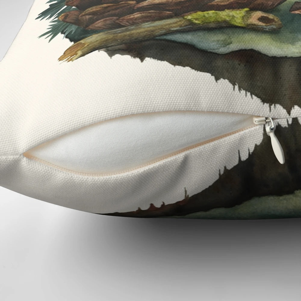 A soft, plush pillow featuring a whimsical watercolor illustration of a tiny sasquatch or woodland creature.