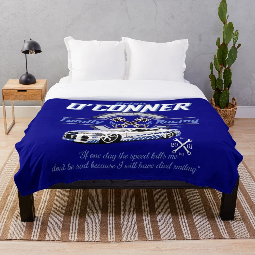 Plush blanket with fast and furious movie-inspired design featuring Brian O'Connor, Paul Walker, and car racing