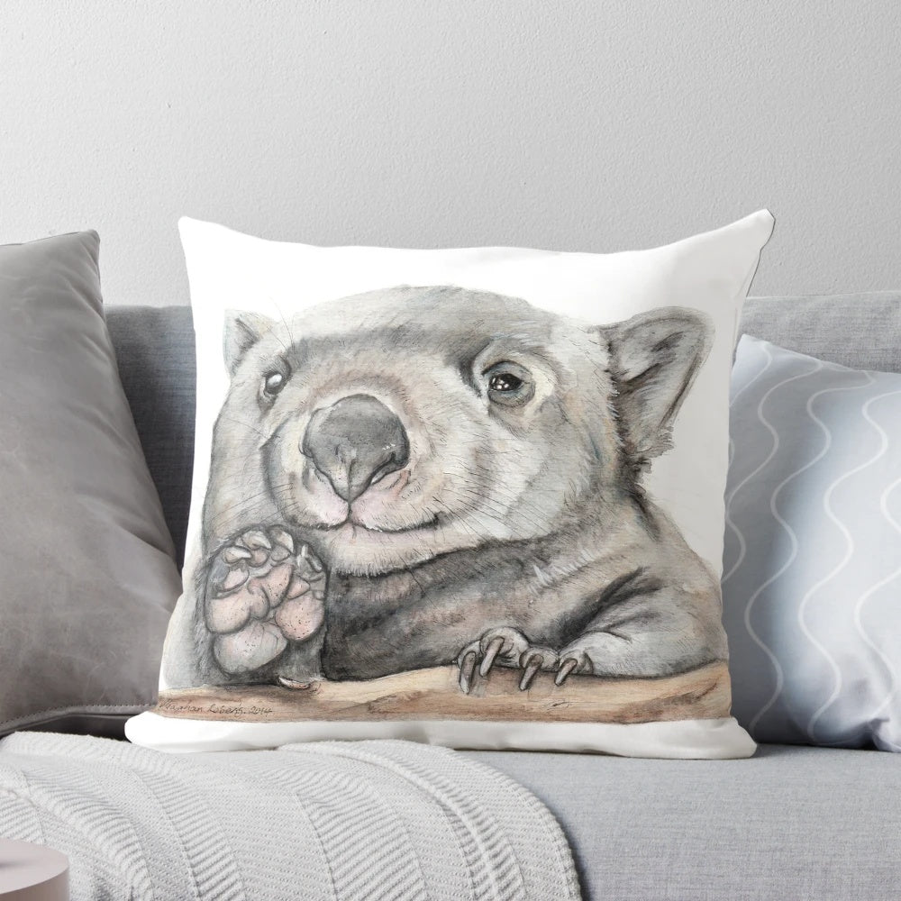 Soft, cuddly wombat pillow with a watercolor design representing the native Australian marsupial.