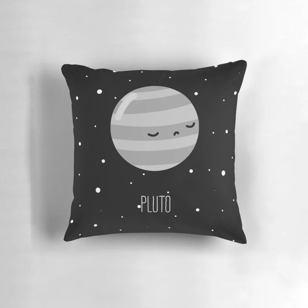 A soft, plush Pluto-themed pillow with a cute, kawaii design for space-inspired home decor.