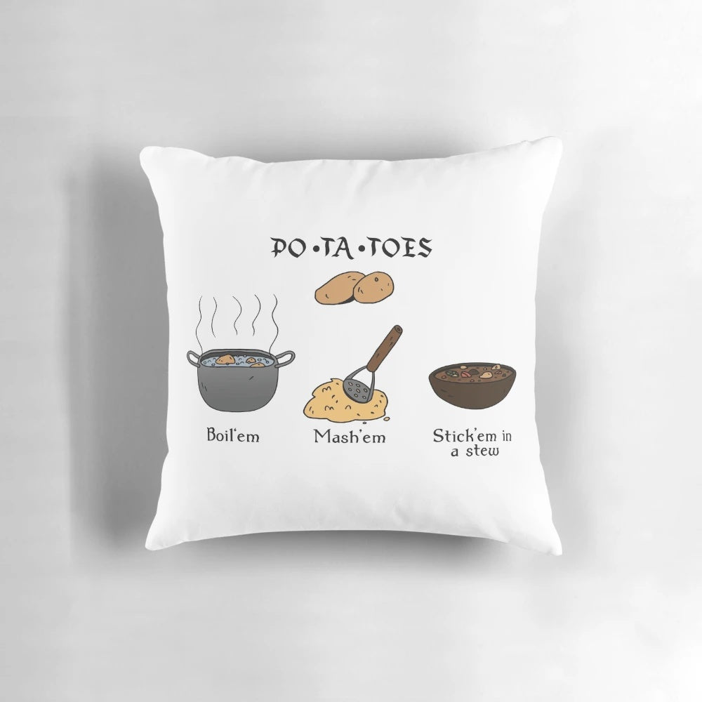 PO-TA-TOES" Lord of the Rings inspired potato-themed throw pillow with Samwise Gamgee and Gollum quotes