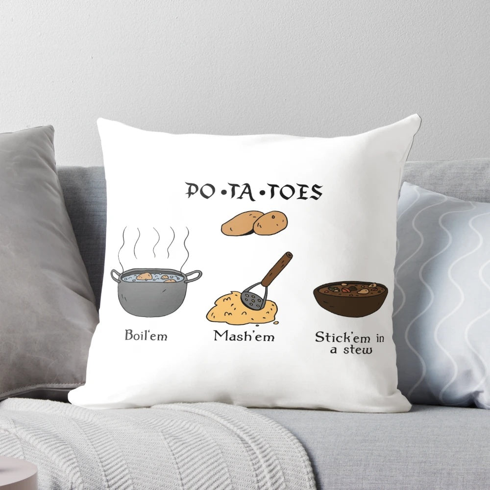 PO-TA-TOES" Lord of the Rings inspired potato-themed throw pillow with Samwise Gamgee and Gollum quotes
