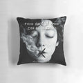 Artistic pillow featuring a black and white illustrated portrait of the poet Alejandra Pizarnik