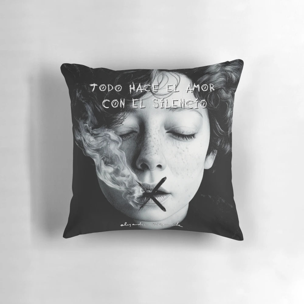 Artistic pillow featuring a black and white illustrated portrait of the poet Alejandra Pizarnik