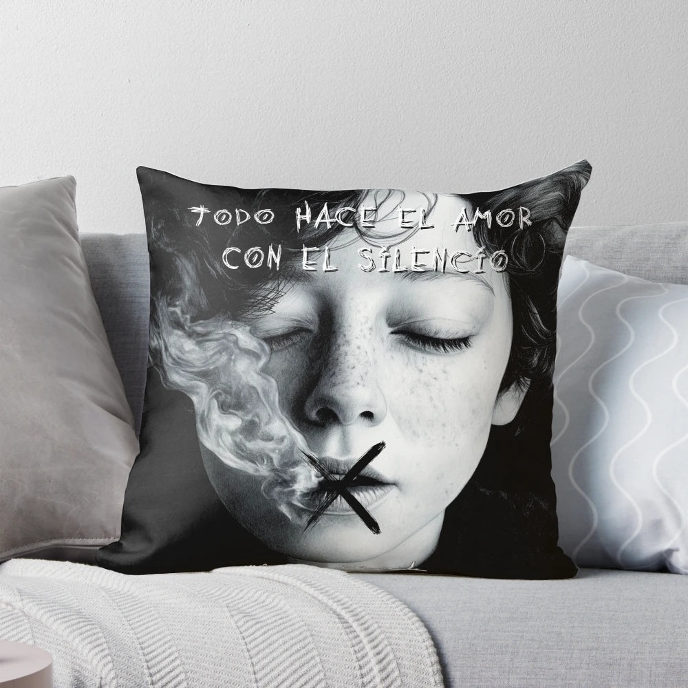 Artistic pillow featuring a black and white illustrated portrait of the poet Alejandra Pizarnik