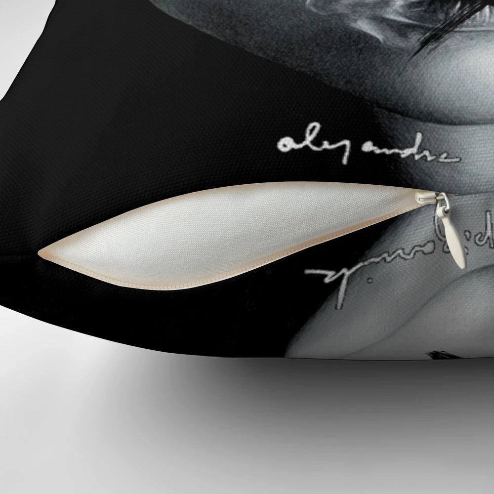 Artistic pillow featuring a black and white illustrated portrait of the poet Alejandra Pizarnik