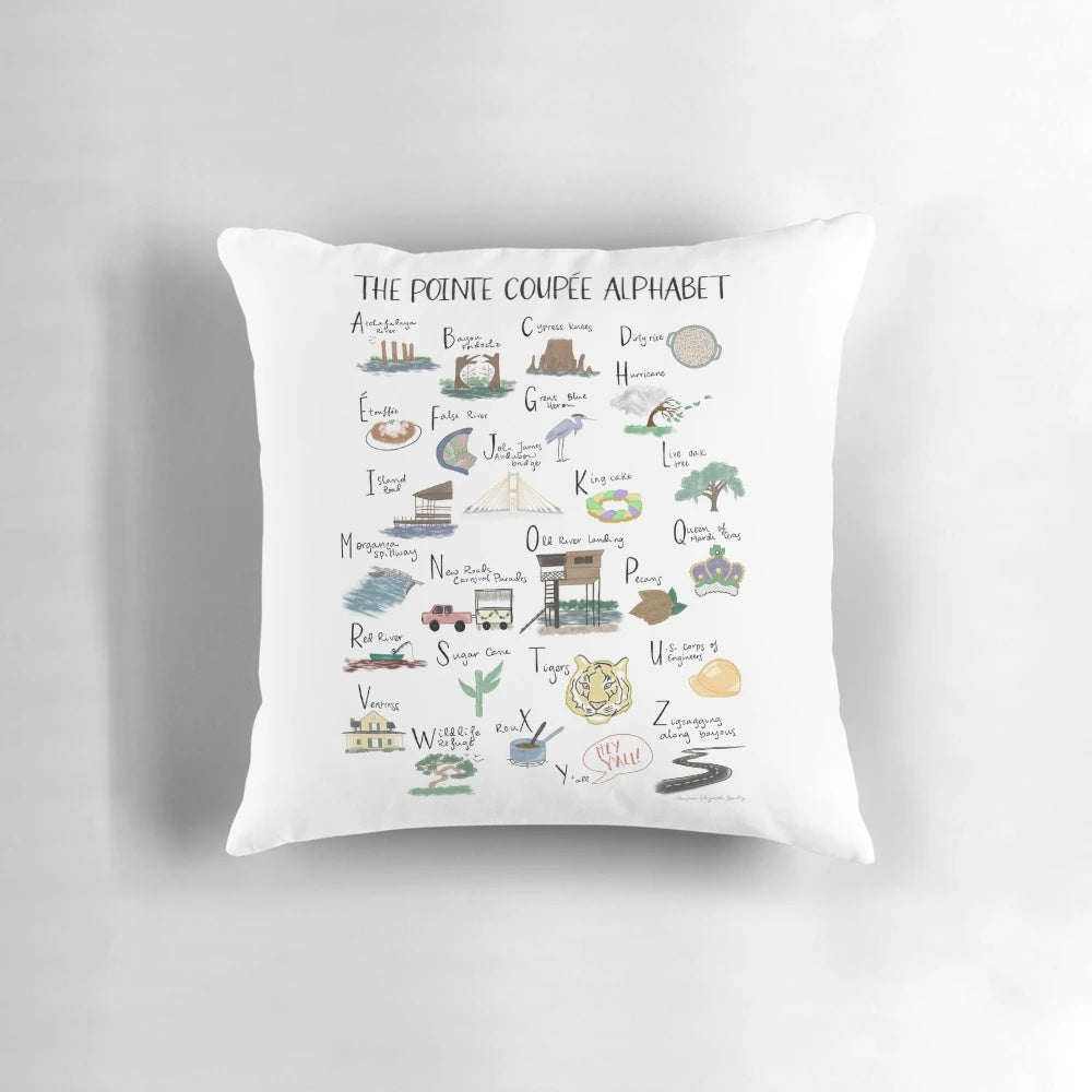 Pointe Coupée Alphabet Pillow featuring Louisiana-inspired typography and design