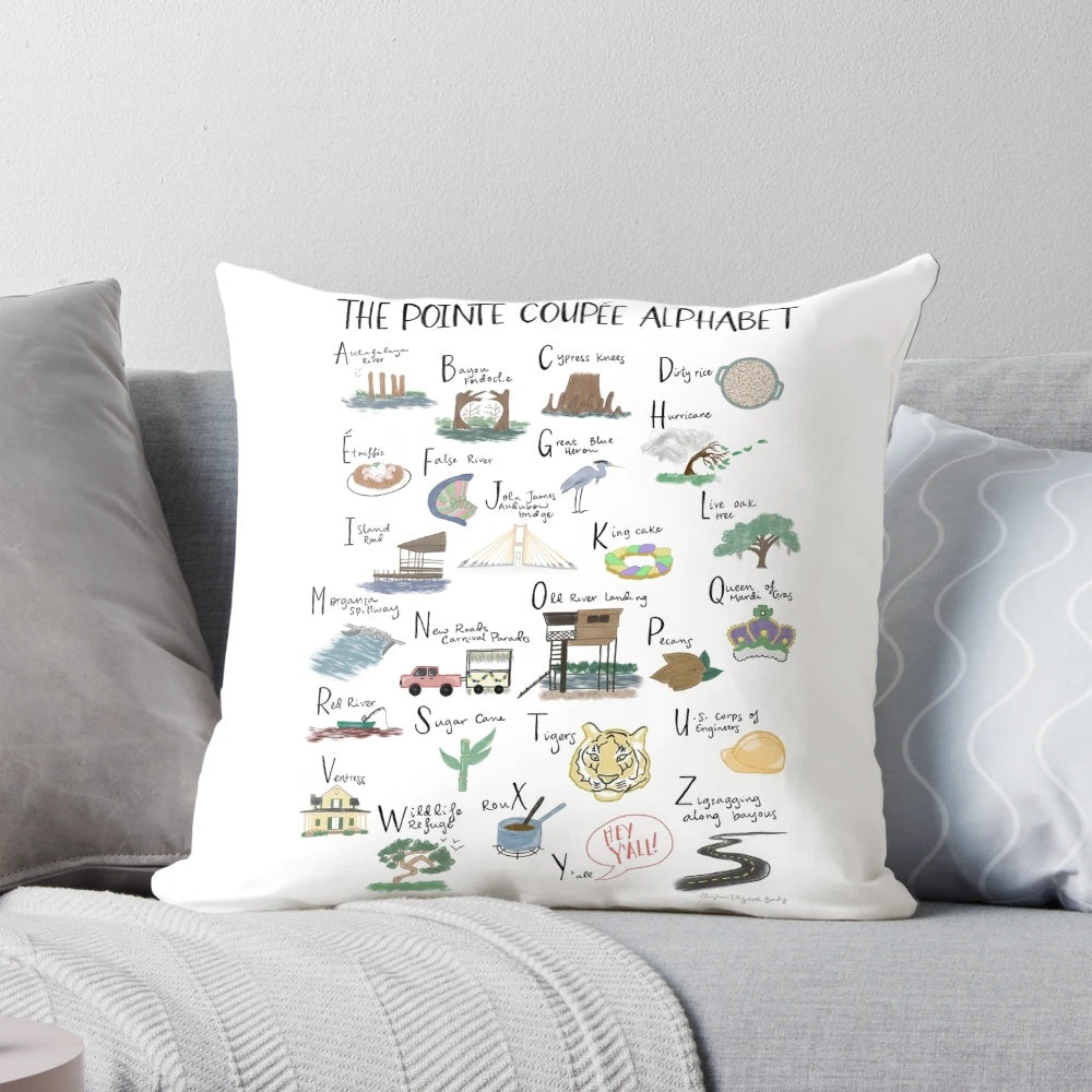 Pointe Coupée Alphabet Pillow featuring Louisiana-inspired typography and design
