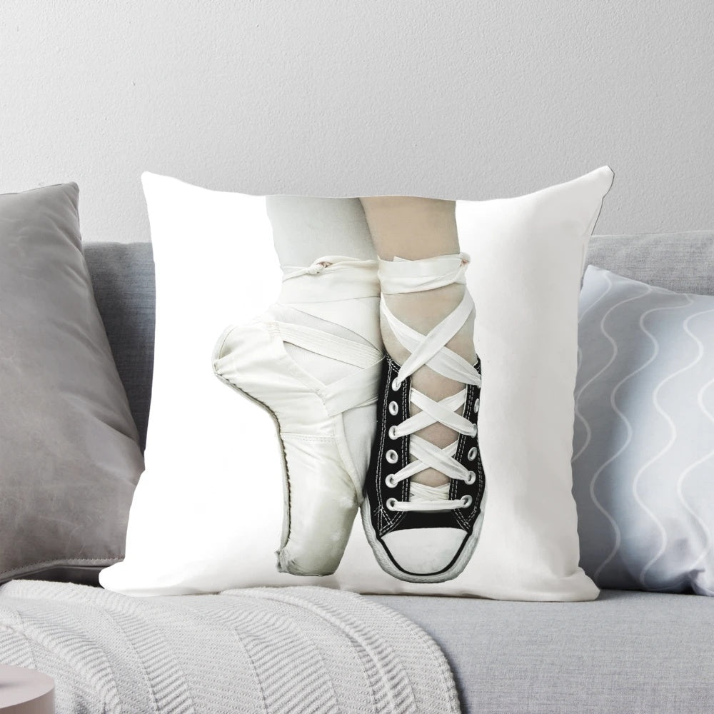 Soft pillow featuring a pointe shoe and Converse sneaker design, perfect for ballet and dance enthusiasts.