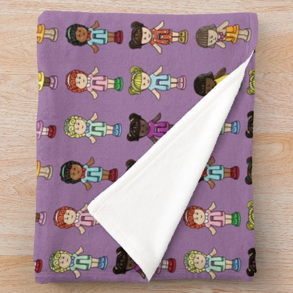 Polly Pocket plush blanket featuring a purple background and nostalgic 90s design