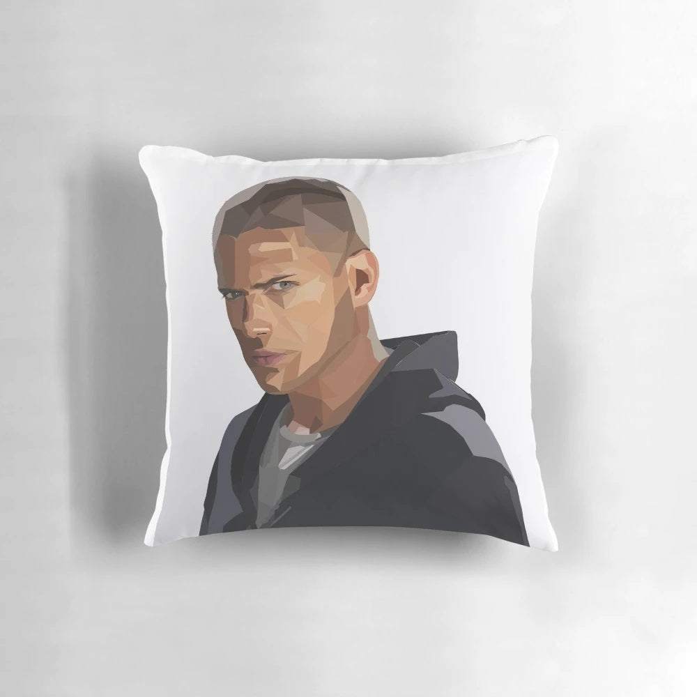 A decorative polygon art pillow featuring a stylized image of Michael Scofield from the TV show Prison Break.