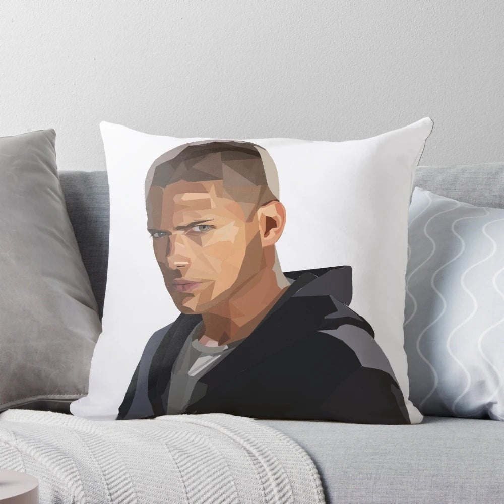 A decorative polygon art pillow featuring a stylized image of Michael Scofield from the TV show Prison Break.