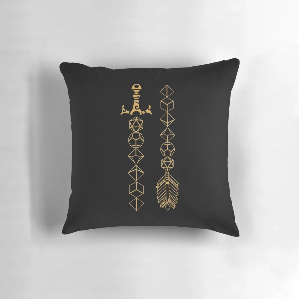 Polyhedral dice set printed on a cozy throw pillow for tabletop RPG gaming enthusiasts