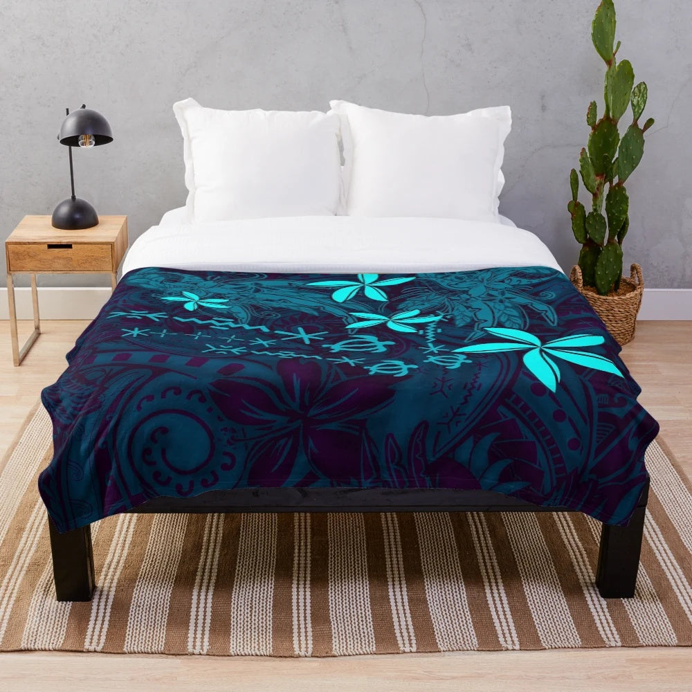Polynesian-inspired tropical abstract plush blanket with hibiscus floral and tapa cloth patterns