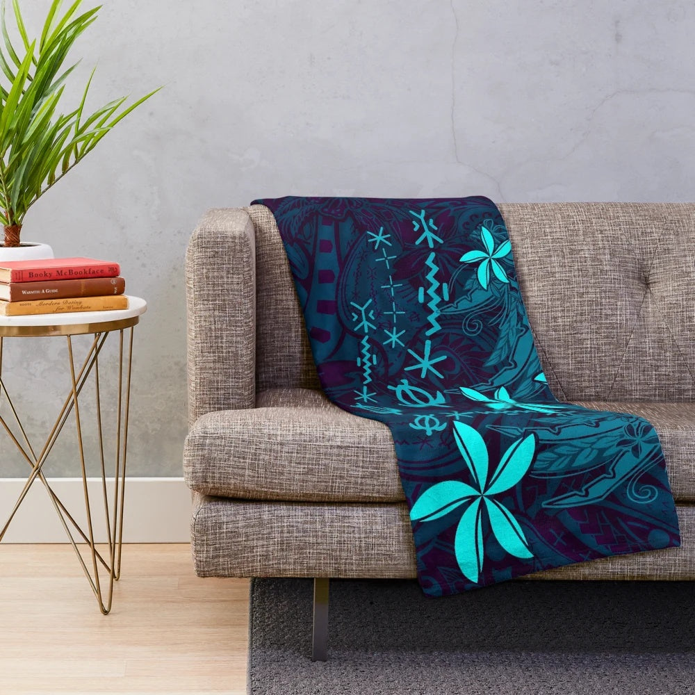 Polynesian-inspired tropical abstract plush blanket with hibiscus floral and tapa cloth patterns