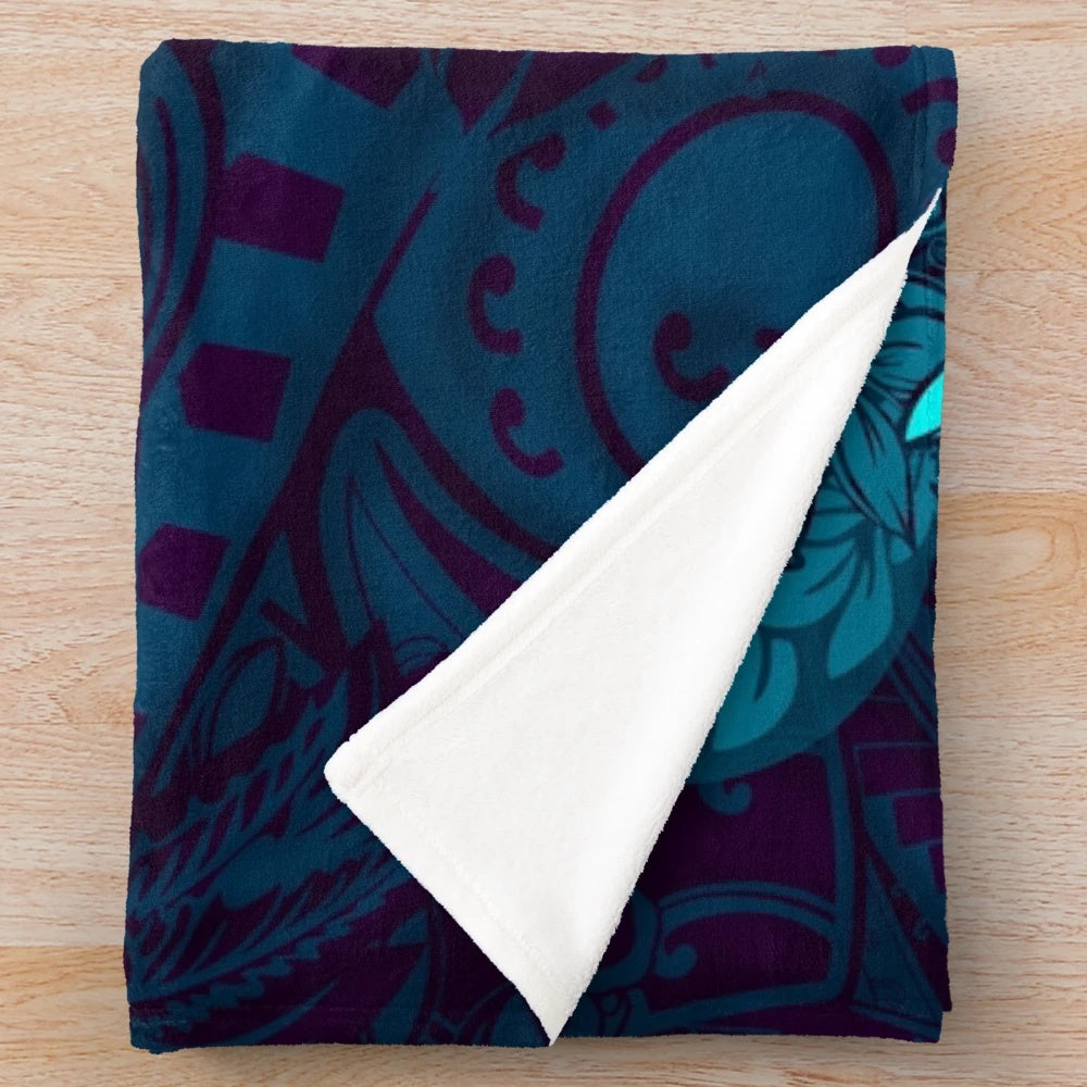 Polynesian-inspired tropical abstract plush blanket with hibiscus floral and tapa cloth patterns