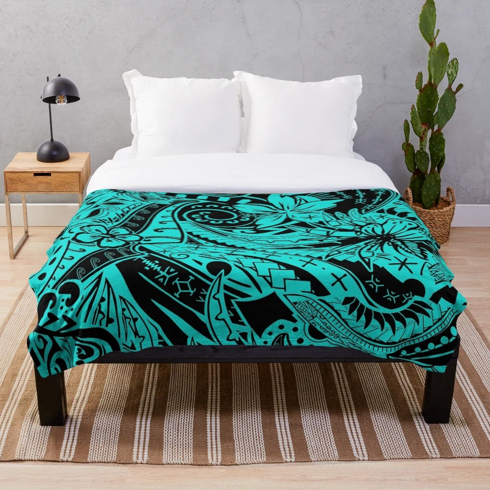 Polynesian tribal teal plush blanket with tropical hibiscus designs