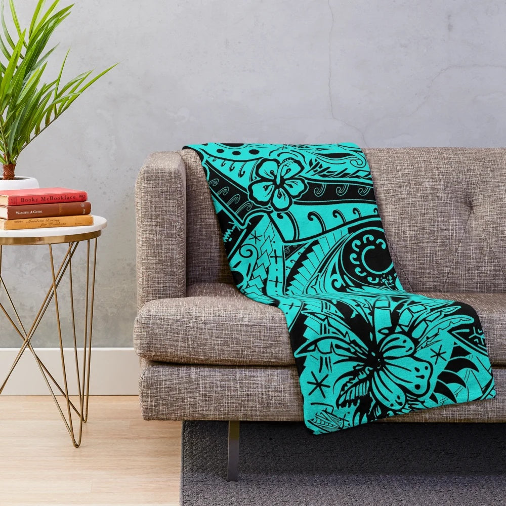 Polynesian tribal teal plush blanket with tropical hibiscus designs