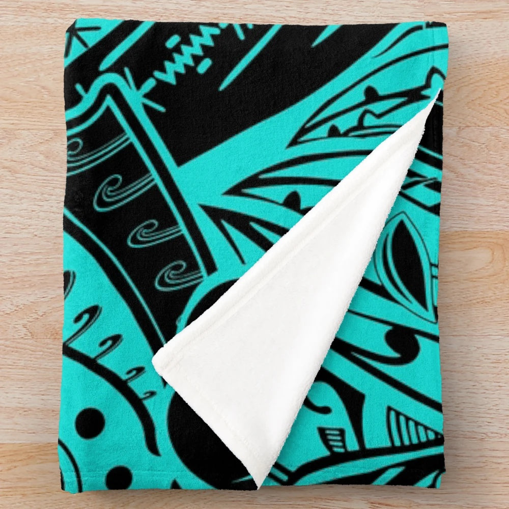 Polynesian tribal teal plush blanket with tropical hibiscus designs