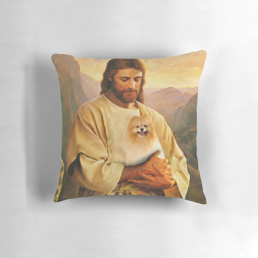 Pomeranian dog and christian-themed decorative pillow with inspirational message