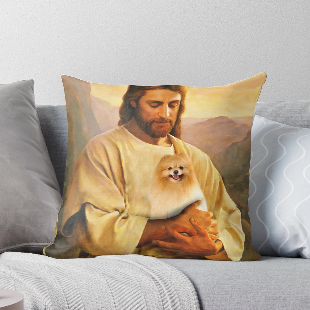 Pomeranian dog and christian-themed decorative pillow with inspirational message