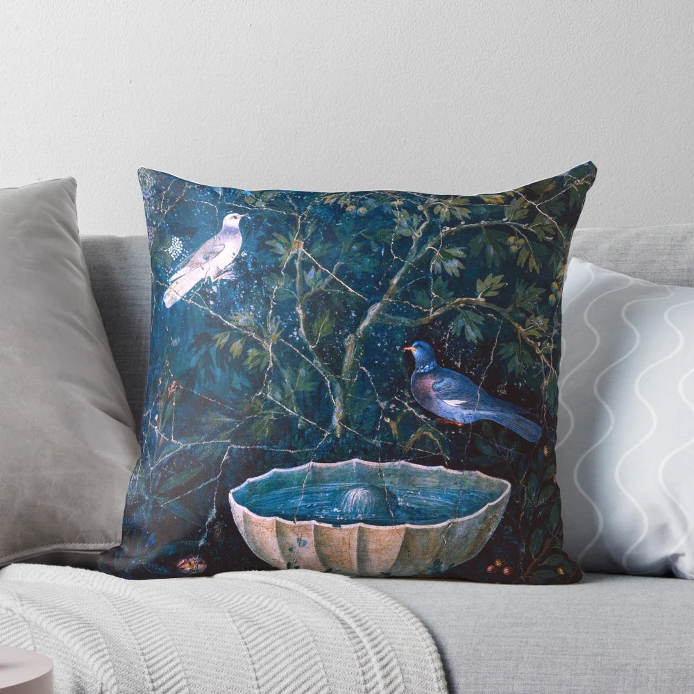 Blue and green floral pillow with doves and fountain from the Pompeii collection