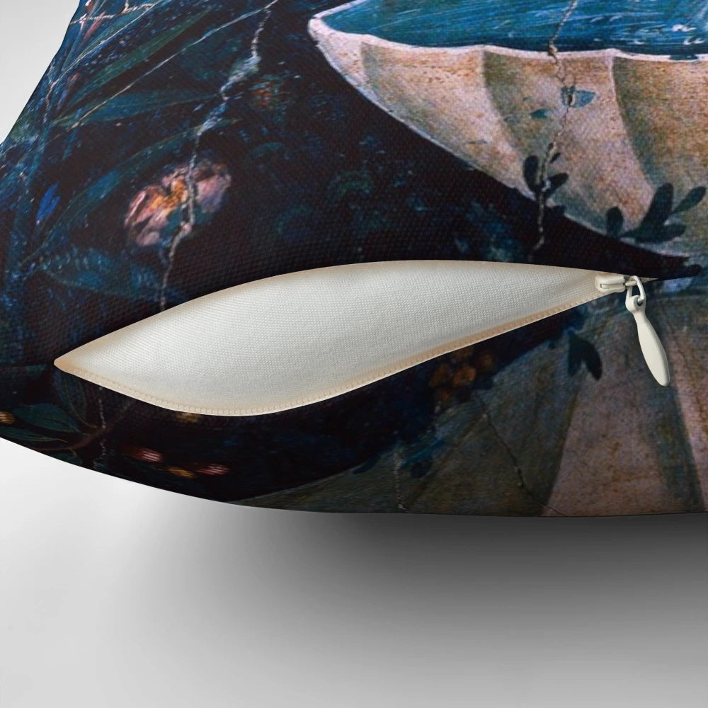 Blue and green floral pillow with doves and fountain from the Pompeii collection