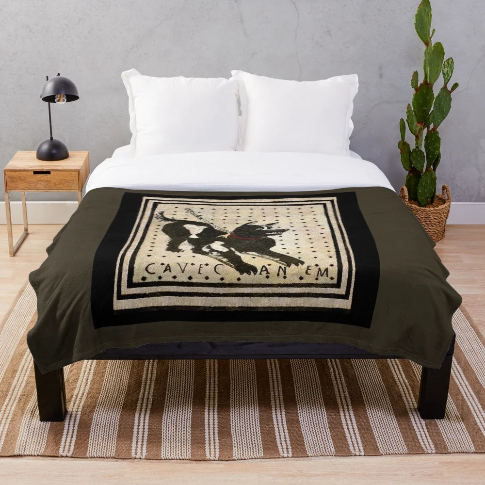 Pompeii dog mosaic inspired plush blanket with dog silhouette design
