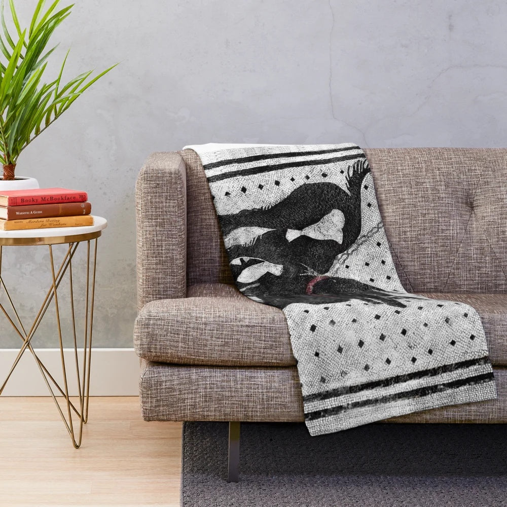 Pompeii-inspired plush blanket with ancient Roman "Beware of Dog" Latin mosaic design