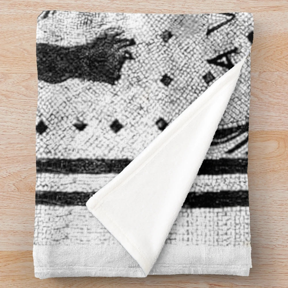 Pompeii-inspired plush blanket with ancient Roman "Beware of Dog" Latin mosaic design