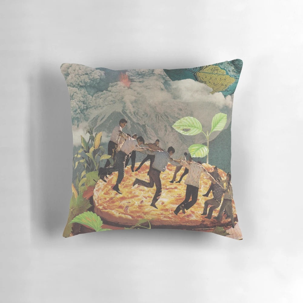 A surreal and trippy collage art pillow featuring Pompeii, Italy, pizza, and natural elements.