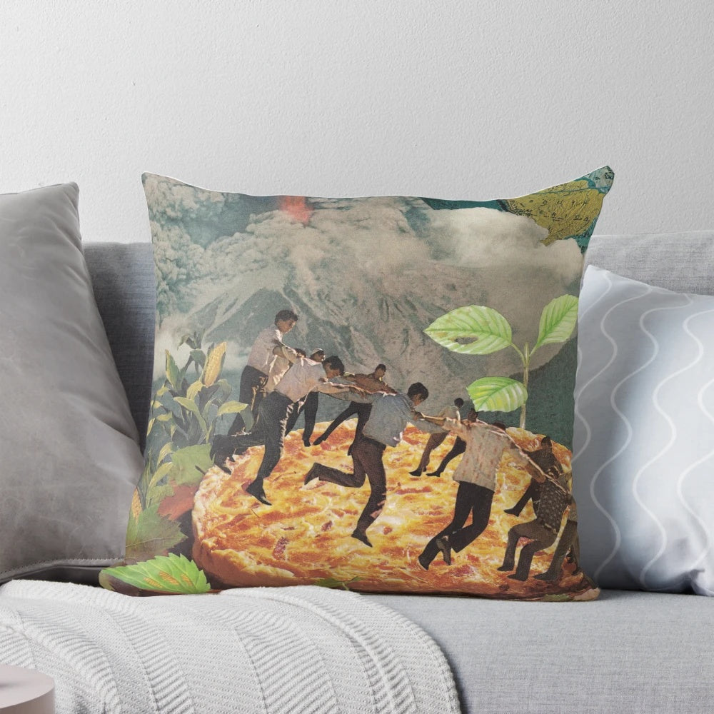 A surreal and trippy collage art pillow featuring Pompeii, Italy, pizza, and natural elements.