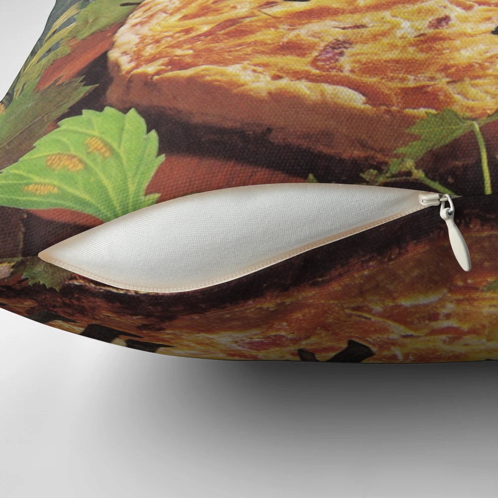 A surreal and trippy collage art pillow featuring Pompeii, Italy, pizza, and natural elements.