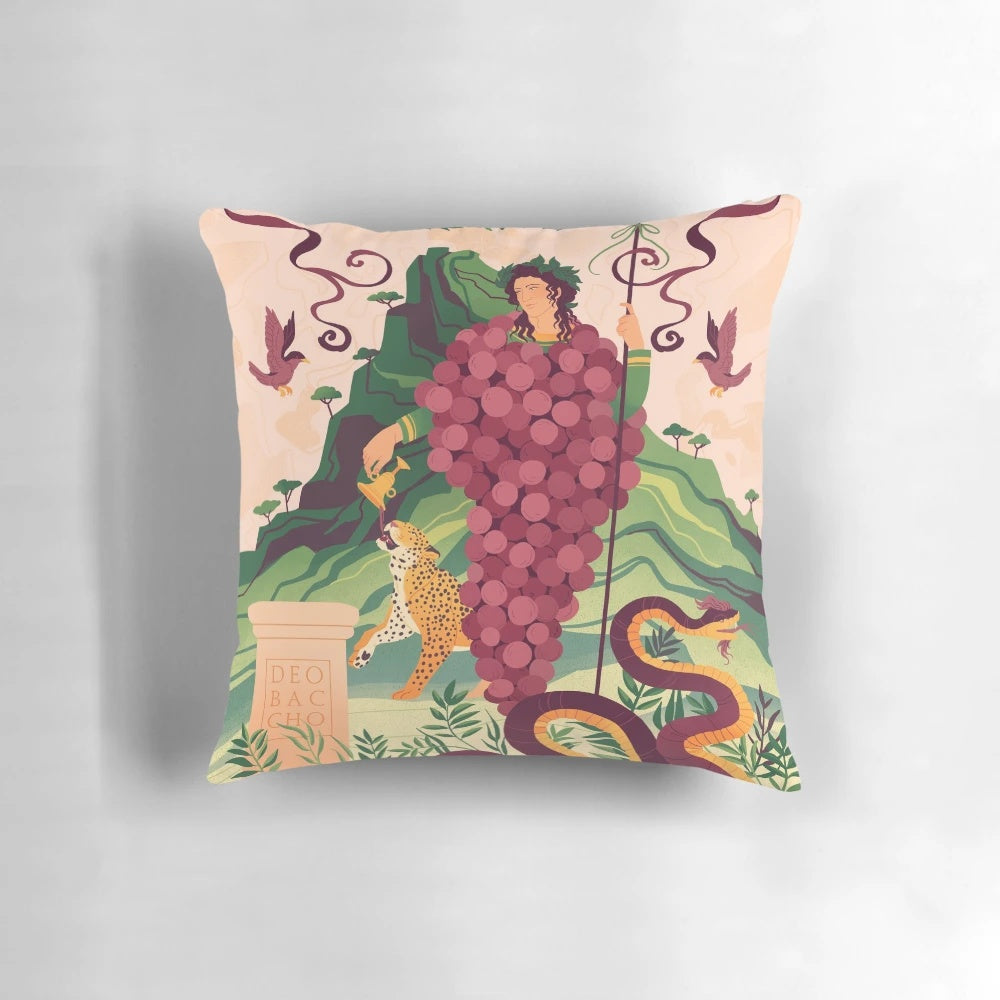 Ornate purple throw pillow featuring the Roman god Bacchus in the style of Pompeiian art