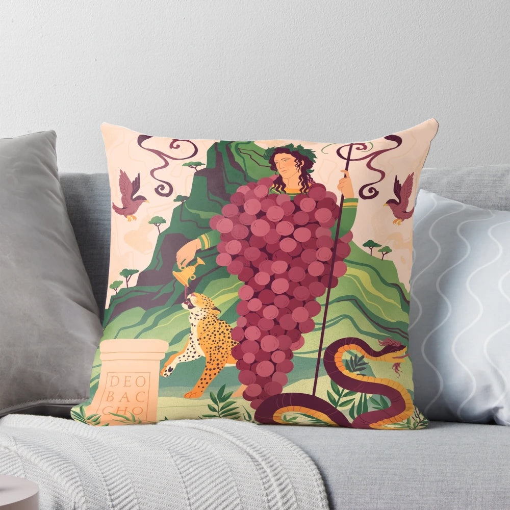 Ornate purple throw pillow featuring the Roman god Bacchus in the style of Pompeiian art