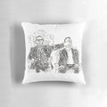 A decorative throw pillow featuring a poorly drawn illustration of The Taskmaster, Greg Davies, and his assistant Alex Horne from the popular British comedy TV show "Taskmaster".