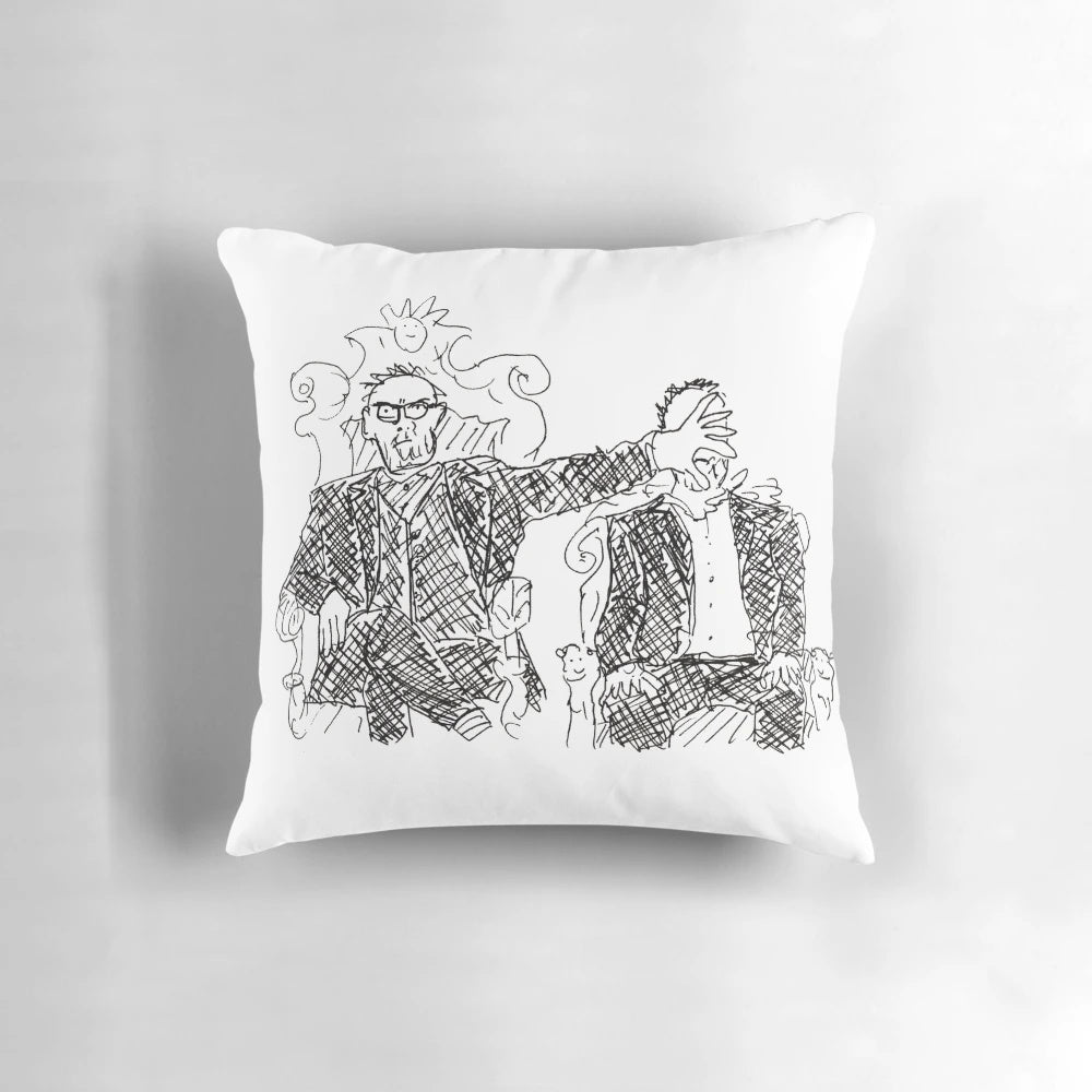 A decorative throw pillow featuring a poorly drawn illustration of The Taskmaster, Greg Davies, and his assistant Alex Horne from the popular British comedy TV show "Taskmaster".