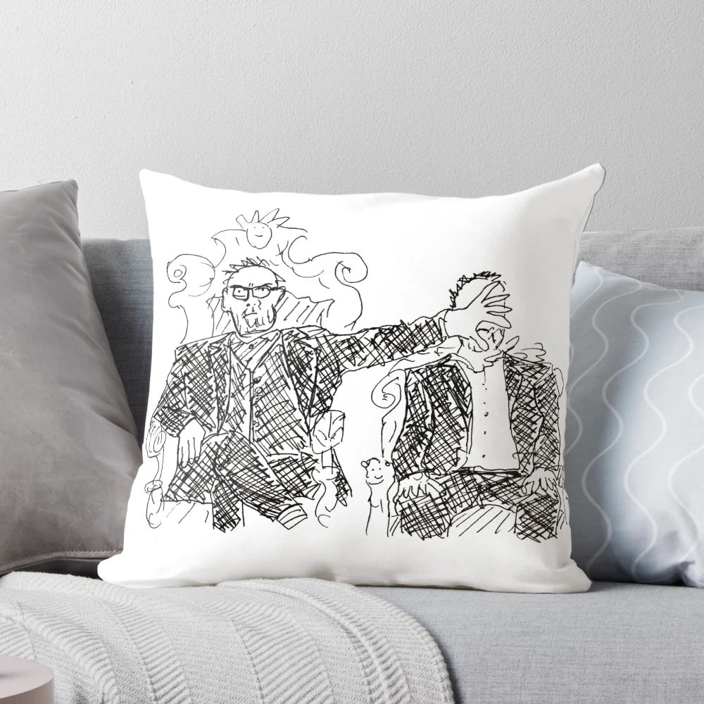 A decorative throw pillow featuring a poorly drawn illustration of The Taskmaster, Greg Davies, and his assistant Alex Horne from the popular British comedy TV show "Taskmaster".