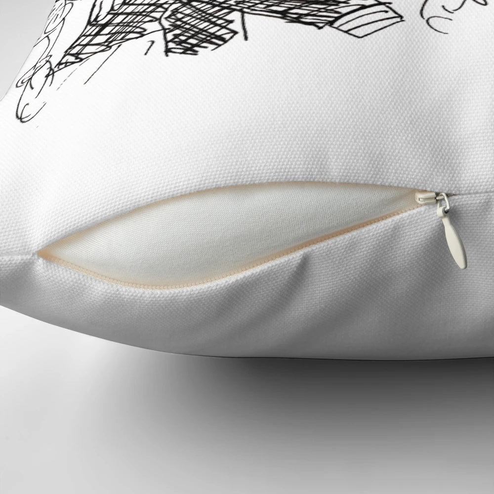 A decorative throw pillow featuring a poorly drawn illustration of The Taskmaster, Greg Davies, and his assistant Alex Horne from the popular British comedy TV show "Taskmaster".