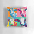 Vibrant pop art screen print collage of a cow in the style of Andy Warhol, printed on a soft, plush pillow.