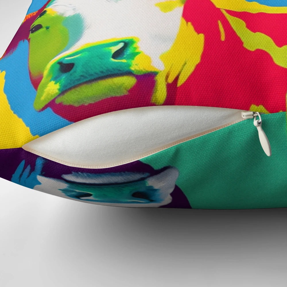 Vibrant pop art screen print collage of a cow in the style of Andy Warhol, printed on a soft, plush pillow.